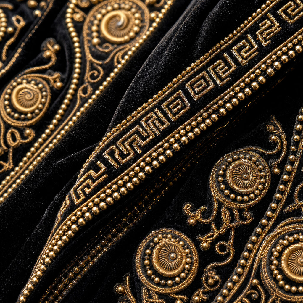 Gold embroidery and beadwork on black fabric