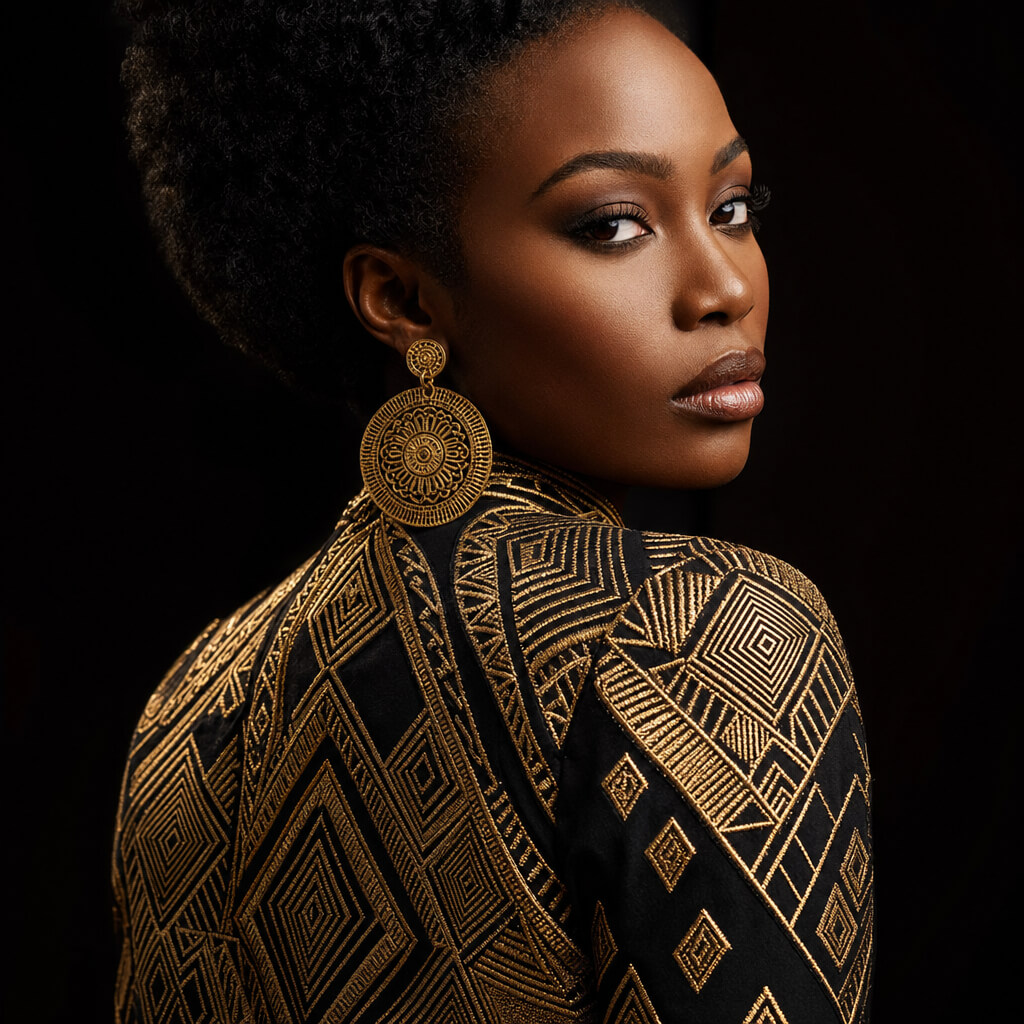 Designer in gold and black patterned attire
